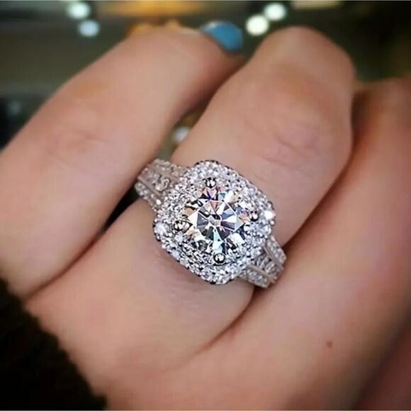 Classy Ring Square Halo Design Paved Full Shiny Zircon Silver Tone Ring - Picture 7 of 8